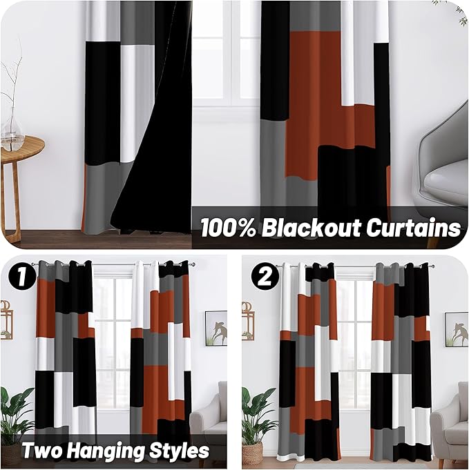 Burnt Orange 100% Blackout Curtains for Bedroom 63 inch Length 2 Panels Set Rust Modern Abstract Geometric Black Out Curtains Insulated Room Darkening Window Drapes for Living Room, 52Wx63L