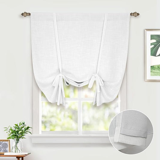 DriftAway Double Layer Linen Blackout Tie Up Curtains Thermal Insulated Fully Lined Balloon Roman Shade Bathroom Window Adjustable Rod Pocket for Small Window 31 Inch by 47 Inch White