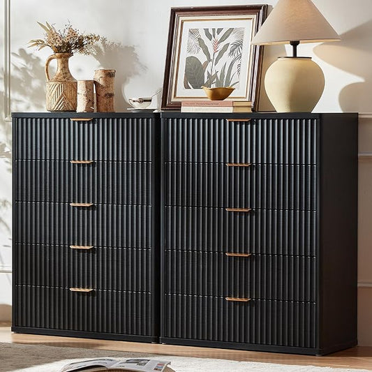 LEYAOYAO Fluted 5 Drawers Dresser Set of 2, 41" Tall Modern Chest of Drawers with Metal Handle, Curved Profile Dresser TV Stand, Wooden Drawer Organizer for Bedroom, Living Room, Hallway, Lightgrey