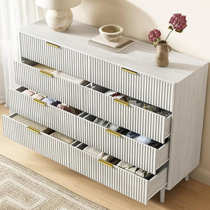 CARPETNAL Fluted 8 Drawer Dresser for Bedroom, 55" Wide Wooden Chest of Drawers with Rounded Corners, Gold Handles, Modern Storage Organizer for Bedroom, Hallway(White)