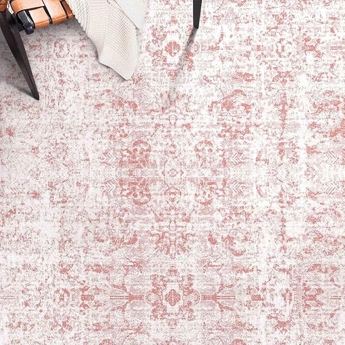 8x10 Area Rugs for Living Room, Non-Slip Backing Washable Rug 8x10, Pink Large Area Rug Soft Carpet for Bedroom Dining Room, Vintage Floral, Easy Clean, Durable, Low Pile Rug Under Table