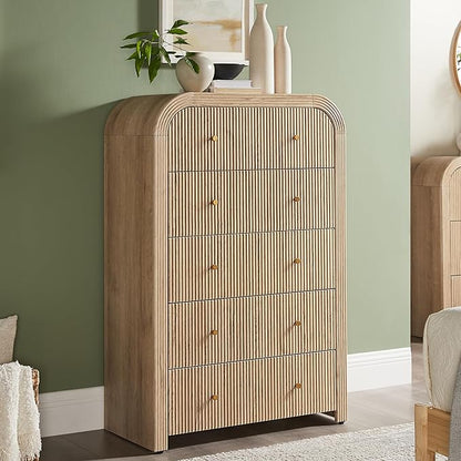 T4TREAM Fluted 5 Drawers Dresser, 48" Tall Modern Chest of Drawers with Thickened Curved Profile Design, Wood Closet Clothes Storage Organizer for Bedroom, Living Room, Hallway, Natural Oak