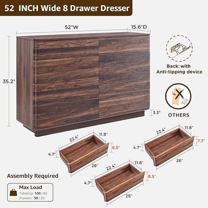 ACCOHOHO 8 Drawer Dresser for Bedroom, 52 Inch Wide Modern Chest of Drawers, Push-to-Open Wood Storgae Organizer with Large Drawers for Bedroom, Living Room, Hallway,Brown