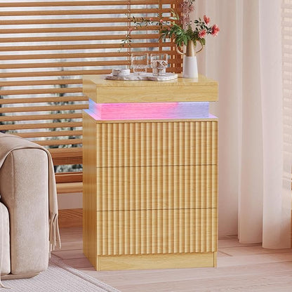 Wood Nightstand with 3 Drawers and LED Light, Mid Century Modern Fluted Night Stand with Charging Station, Bedside Table & End Table for Bedroom