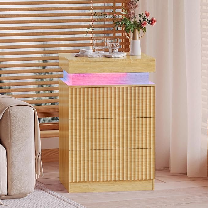 Nightstand Set of 2 for Bedroom, LED Nightstand with 3 Drawers and Charging Station, Mid Century Modern Fluted Nightstands, Bedside Tables & End Tables, Wood