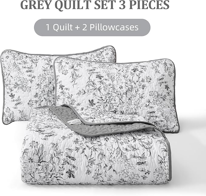 WONGS BEDDING Quilt King Size, Grey Quilt Bedding Set with 2 Pillowcases, Botanical Quilt for King Bed, Soft Microfiber Lightweight Coverlet Bedspread for All Season (110"×90", 3 Pieces)