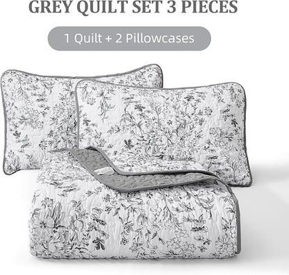 WONGS BEDDING Quilt King Size, Grey Quilt Bedding Set with 2 Pillowcases, Botanical Quilt for King Bed, Soft Microfiber Lightweight Coverlet Bedspread for All Season (110"×90", 3 Pieces)
