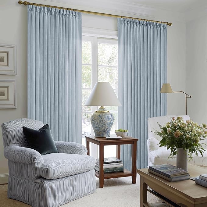 Blue Grey 90 Inch Linen Curtains Pinch Pleated for Living Room Bedroom Dining Boho Coastal Light Filtering Pinch Pleat Drapes Hooks Rings Back Tab Semi Sheer Dusty Blue Window Curtains 2 Panels