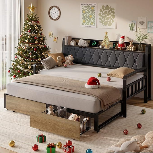 ONBRILL Twin Daybed with Trundle, Twin to King Daybed with Pop up Trundle, Metal Twin Day Bed Frame with Storage Drawers, Upholstered Headboard & Power Outlet for Living Room & Guest Room, Black