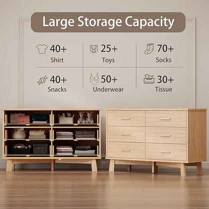 Dresser for Bedroom, 6 Drawer Wide Modern Chest of Drawers with X-Shaped Sturdy Base, Wood Double Dresser Closet Clothes Storage Organizer, Wooden TV Stand for Living Room, Hallway, Oak