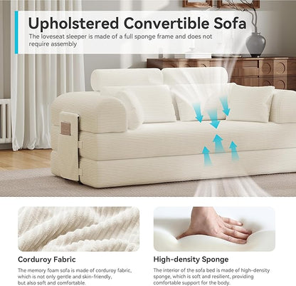 Upgrade High Backrest Design Sofa Bed with Fixed-Shape Frame & Removable Armrests and Backrest, 2 Corduroy Pillow, Convertible Mattress Couch for Small Spaces - No Assembly (High Backrest Beige)