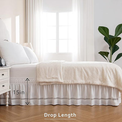 MIYE Wrap Around Ruffled Lace Bed Skirt, Elastic Dust Ruffle with Adjustable Belts,15 Inch Drop Easy to Put On, Bed Frame Cover, Machine Washable (Ruffled Lace, Full/Twin-15)