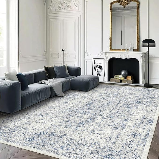 vivorug 5x7 Area Rugs - Ultra-Thin Washable Rug with Non-Slip Backing, Ideal for Living Room, Bedroom, Dining Room Indoor - Vintage, Easy Clean, Durable, Low Pile Rug Blue