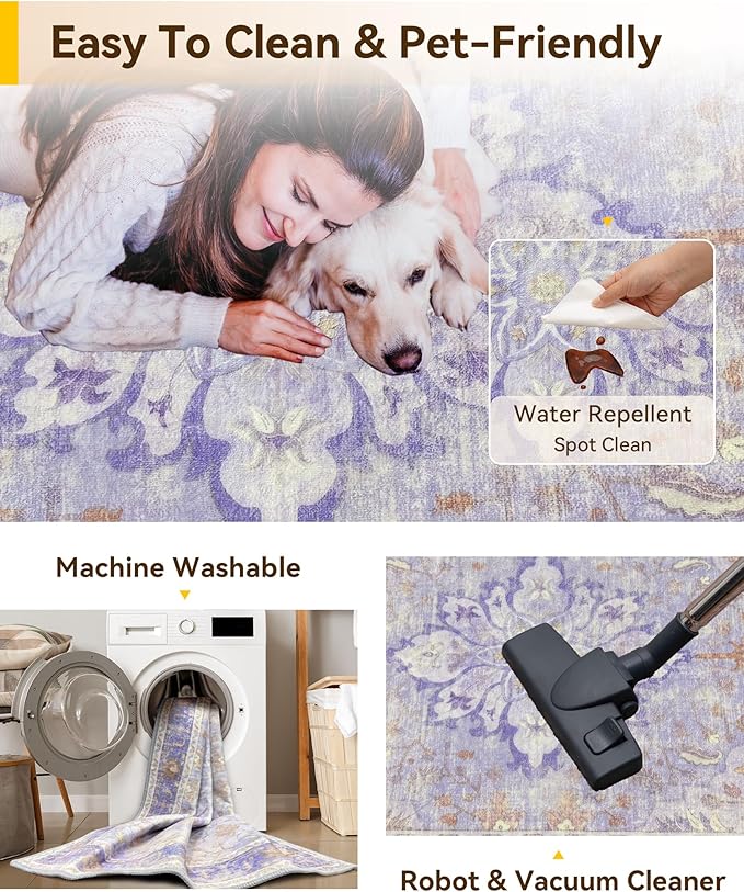 Area Rugs 2'x8' Washable Non-Slip, Floral Vintage Distress Print Pattern Medallion Carpet for Living Room Bedroom Dining Room, Light Purple Brown