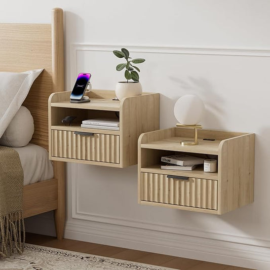 Fluted Floating Nightstand Set of 2, Wall Mounted Bedside Table with Storage Drawer and Open Shelf, Night Stand with Charging Station for Living Room, Bedroom, Dorm, Light Oak