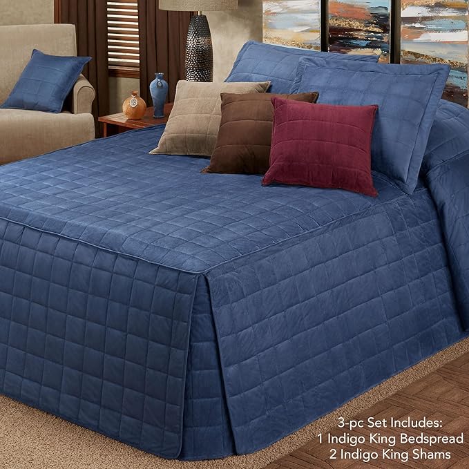 Touch of Class Camden Luxury Bedding | Warm Indigo Color | Grande Fitted Bedspread | Faux Suede Box Quilted Design | Designed 3 Piece Set Includes King Bedspread and 2 King Shams
