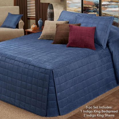 Touch of Class Camden Luxury Bedding | Warm Indigo Color | Grande Fitted Bedspread | Faux Suede Box Quilted Design | Designed 3 Piece Set Includes King Bedspread and 2 King Shams