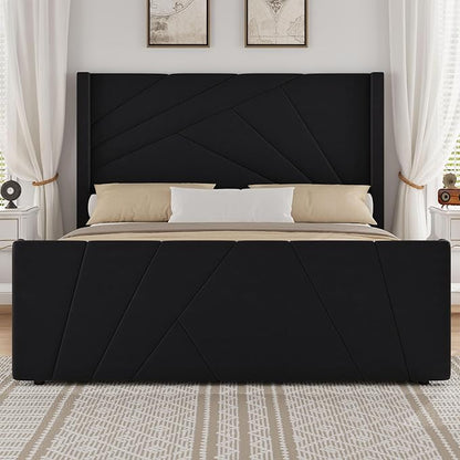 BarnFurin Full Size Upholstered BedFrame, Velvet Platform Bedwith Geometric TuftedHeadboard& Footboard, Wingback Design, attress Foundation with Wooden Slats, No Box Spring,Needed NoiseFree.Black