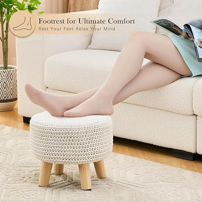 LGENHOOM Boho Ottoman Foot Stool Cotton Knitted Round Pouf Ottoman Foot Rest Stool with Non-Skid Wooden Legs Step Stool Padded Seat for Living Room White
