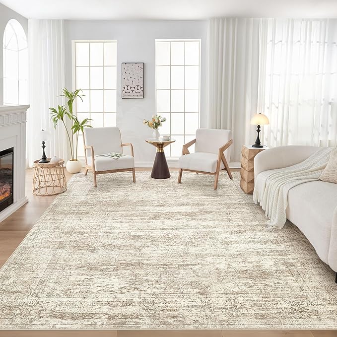 Area Rug Living Room Rugs - 8x10 Abstract Large Soft Indoor Washable Rug Neutral Modern Low Pile Carpet for Bedroom Dining Room Farmhouse Home Office - Vintage Beige
