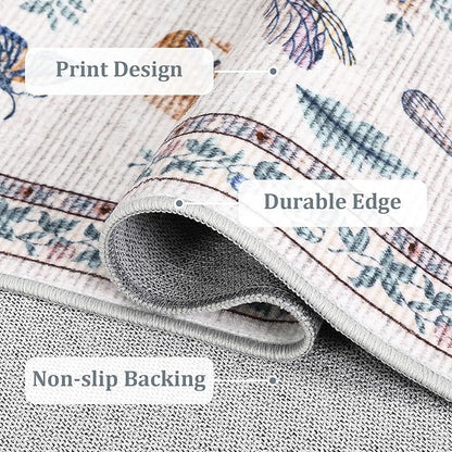 Washable Rug 5x7 Area Rugs for Living Room, Mushroom Insect Rug for Bedroom, 5x7 Rug Non Slip Throw Rugs with Rubber Back, Low Pile Stain Resistant Modern Carpet for Dining Room Dorm,Beige