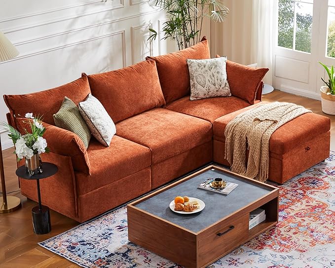 ABCASA Oversized Loveseat Sofa, Modern Modular Sectional Couch Terracotta Orange Fluffy Chenille Mid Century 2-Seat 24.5" Deep Seat for Apartment, Living Room, Bedroom