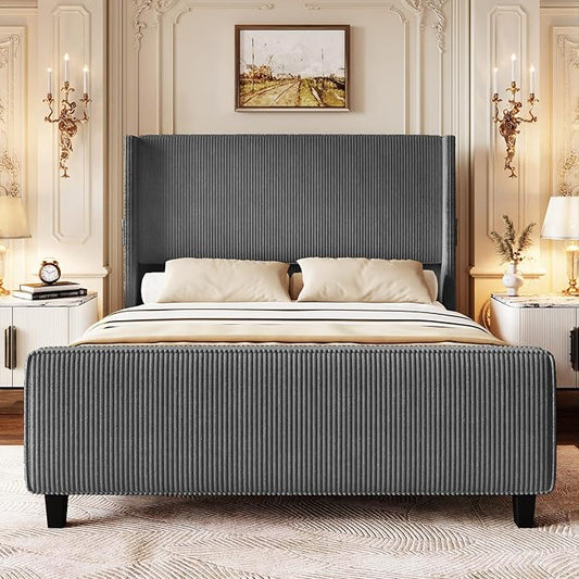 Queen Size Bed Frame with Headboard, Upholstered Platform Bed with Tall Wingback Headboard & Footboard, Corduroy Bed Frames with USB Ports, Easy Assembly, Gray