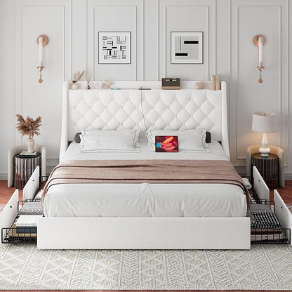 iPormis Full Size Bed Frame with 4 Storage Drawers, Upholstered Platform Bed Frame with Type-C & USB Ports, Wingback Storage Headboard, Solid Wood Slats, No Box Spring Needed, White