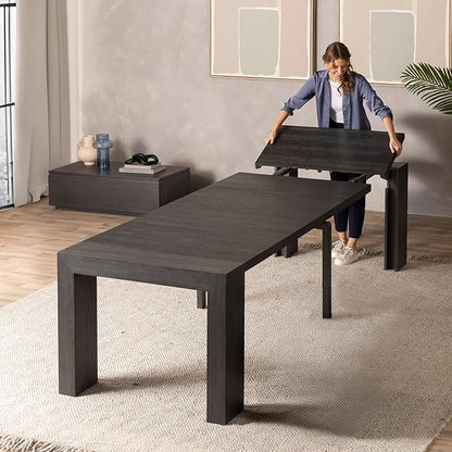 Transformer Table - Solid Wood Extendable Dining Table, Seats 2-12, Extendable Dining Room Table, Space-Saving Furniture, Expandable Dining Furniture (Black, Table + Coffee Table)