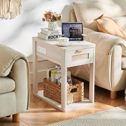LEYAOYAO Narrow Side Table Set 2 with Charging Station,Rattan Night Stand with Drawer Storage,Natural Wood Bedside End Table with Metel Handle for Small Spaces,Boho Nightstand for Living Room Bedroom