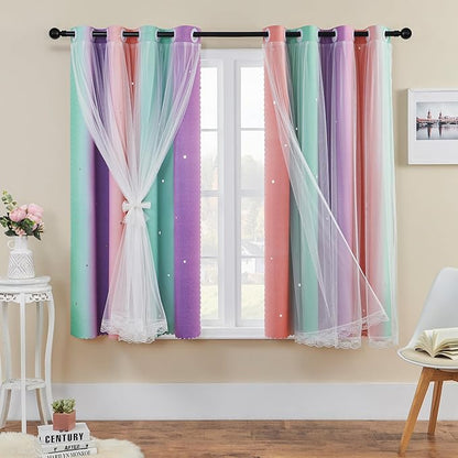 XiDi Kids Room Decor for Girls Bedroom, Pink Purple Green Curtains for Kids Rooms, Girls Room Curtains Windows Wall Drapes 42 Inchs Long 52 inches Wide 1 Panel