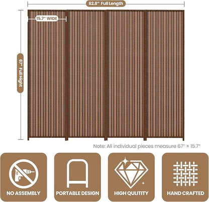 4 Panel Room Divider and Extra Wide Folding Privacy Screen, 63" W x 67" H, Bamboo Room Divider for Room Separation.