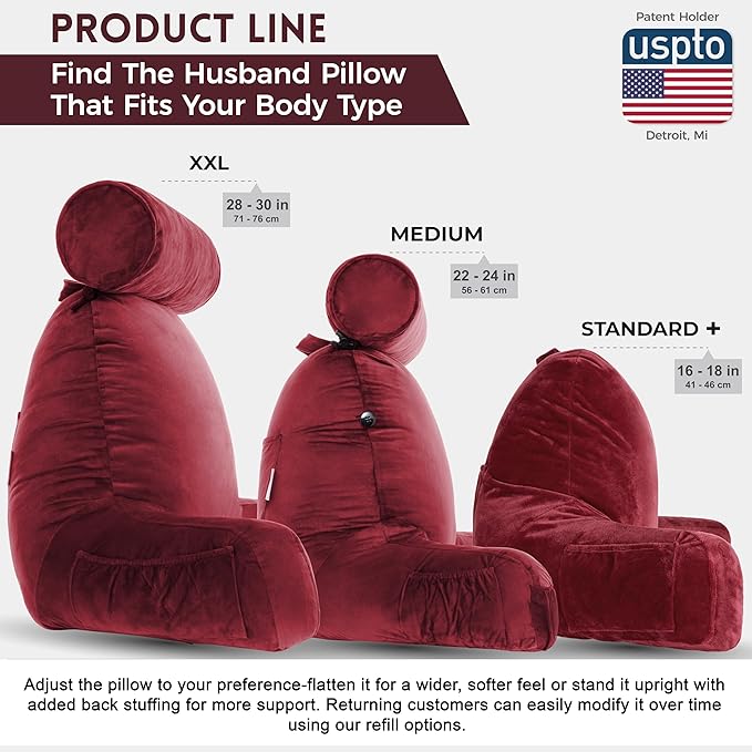 Husband Pillow XXL – Reading Pillow Bed Chair with Arms & Back Support – Maroon - Back Pillow for Beds Sitting Up – Bed Rest Arm Pillow – Comfy Reading Pillow for Adults