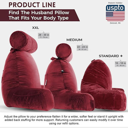 Husband Pillow XXL – Reading Pillow Bed Chair with Arms & Back Support – Maroon - Back Pillow for Beds Sitting Up – Bed Rest Arm Pillow – Comfy Reading Pillow for Adults
