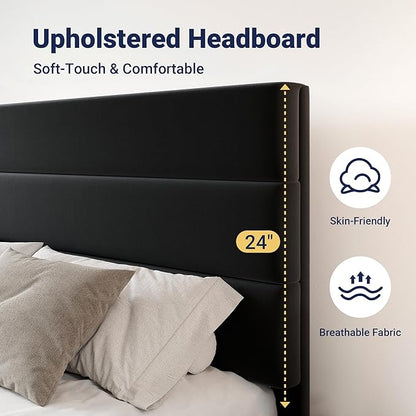 Allewie Modern Queen Size Platform Bed Frame with 4 Storage Drawers and Velvet Upholstered Headboard, Wooden Slats Support, Upholstered Mattress Foundation/No Box Spring Needed/Easy Assembly, Black