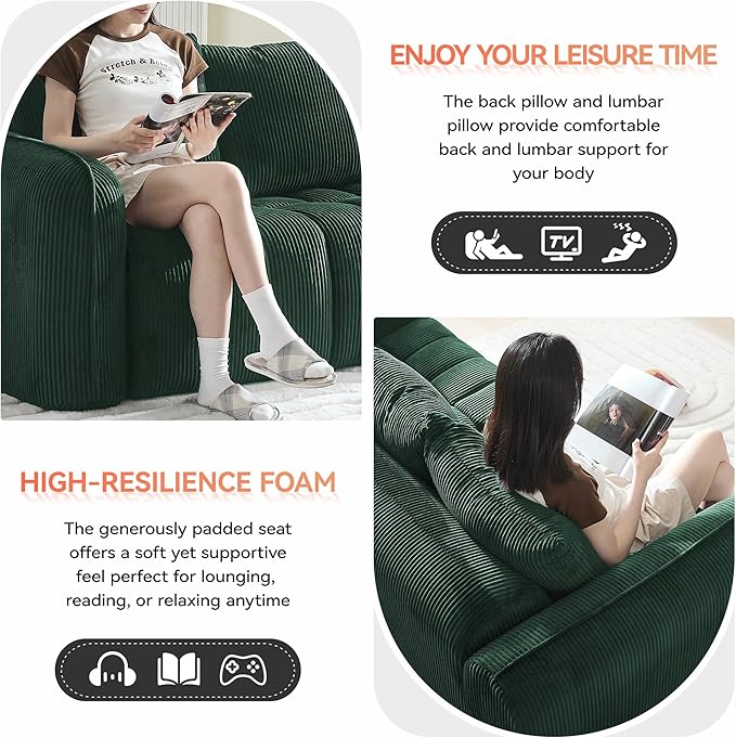 Corduroy Boneless Living Room Sets, Modern Upholstered Loveseat with 2 Signle Sofa Chairs, Comfy Deep Seat Cloud Sofa Couch Sets for Living Room, Green