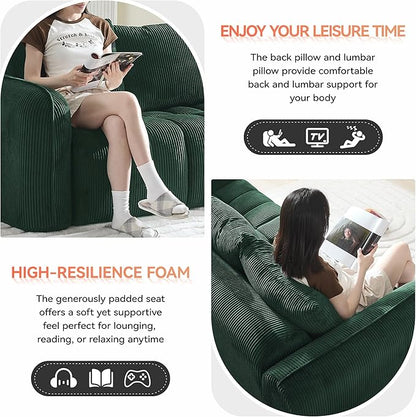 Corduroy Boneless Living Room Sets, Modern Upholstered Loveseat with 2 Signle Sofa Chairs, Comfy Deep Seat Cloud Sofa Couch Sets for Living Room, Green