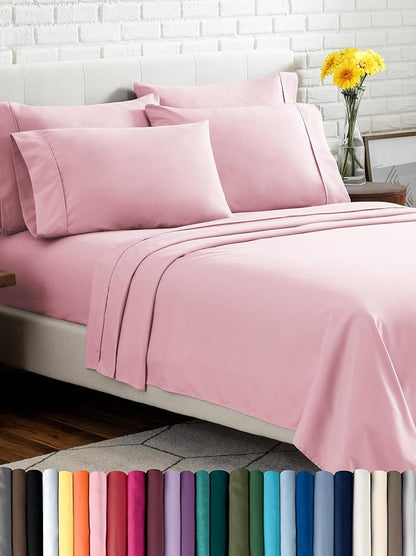 Bare Home Hotel Luxury Queen Sheet Set, Extra Soft - 6 Piece Set - Deep Pockets - Easy Fit - Cooling & Breathable - Wrinkle, Fade, Stain Resistant - Includes 4 Pillowcases (Queen, Light Pink)