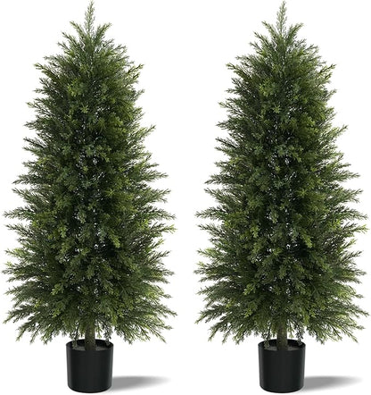 5FT Artificial Cedar Trees Set of 2, Realistic Faux Evergreen Topiary Bushes Plants, Outdoor Potted Fake Cypress Shrubs for Front Porch Garden Home Living Room Decor