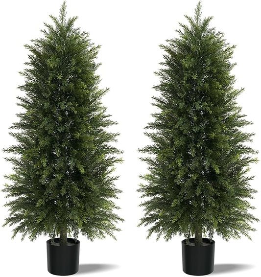 5FT Artificial Cedar Trees Set of 2, Realistic Faux Evergreen Topiary Bushes Plants, Outdoor Potted Fake Cypress Shrubs for Front Porch Garden Home Living Room Decor