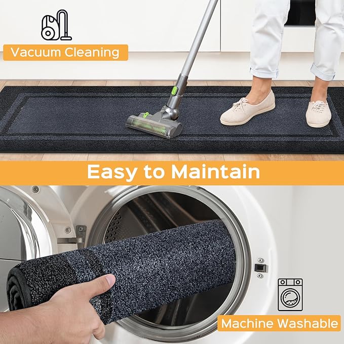 Kitchen Rugs Set (24" x 36"+24" x 60"), Non-Slip Machine Washable Kitchen Runner Rugs Floor Mats, Absorbent Comfort Standing Mat for Kitchen, Sink and Hallway, Rolled Packaging, Bluish Grey & Charcoal