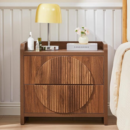 Turtle&Myrtle 24 Inch Wide Fluted Nightstands, Large Night Stand with 2 Drawers, Mid Century Modern Bedside Table End Table with Storage for Bedroom Living Room Office (Walnut)