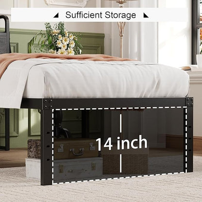 16 Inch Twin Bed Frames with Upholstered Storage Headboard, Heavy Duty Twin Platform Bed No Box Spring Needed, Noise Free, Easy Assembly, Gray