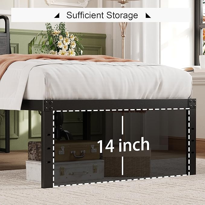 16 Inch Twin XL Bed Frames with Upholstered Storage Headboard, Heavy Duty XL Twin Bed Frame No Box Spring Need, Gray