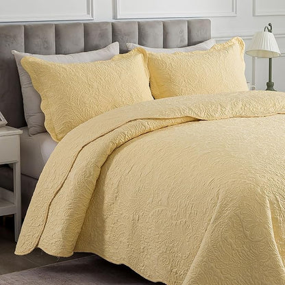 HoneiLife Queen Size Quilt Sets - 3 Piece Queen Quilt Bedding Set Microfiber Quilt Set Lightweight Bedspreads Reversible Coverlets Retro Bed Cover Floral Bedding Set All Season Quilts-Yellow