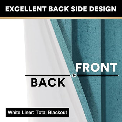 PrinceDeco 100% Blackout Linen Textured Curtains for Bedroom Teal Blue Blackout Curtains for Living Room Energy Saving Window Treatment Curtains with White Liner Vertical Blinds,52" Wide, 84" Length