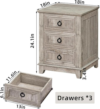 18" Farmhouse Night Stand with 3 Drawers, Wood End Table Dresser for Bedroom, Retro Oak Nightstand, Bed Side Table with Metal Handle, Bedside Cabinet for Bedroom Living Room, Closet