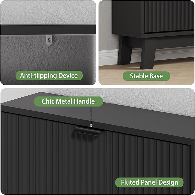 Shoe Cabinet with 2 Flip Drawers, 37" Tall Narrow Fluted Shoe Storage Organizer for Entryway, Hidden Slim Wooden Shoe Rack Cabinet for Front Door Entrance, Hallway, Living Room, Solid Black