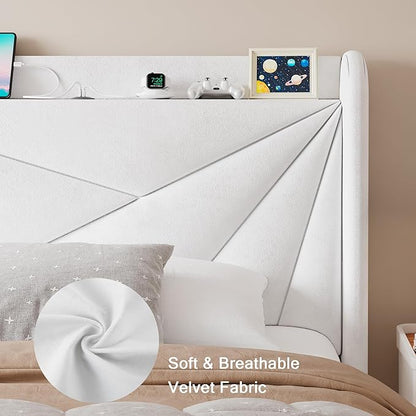 Twin Size Upholstered Bed Frame with Charging Station, Platform Bed Frame with Storage Headboard, Solid Wood Slats Support, No Box Spring Needed, White