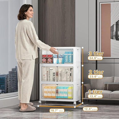 Extra Large Stackable Storage Bins with Lids & Wheels & Door, 156QT-52QT/13GAL*3Pack Foldable Collapsible Closet Organizers, Plastic containers drawers for bedroom Dorm